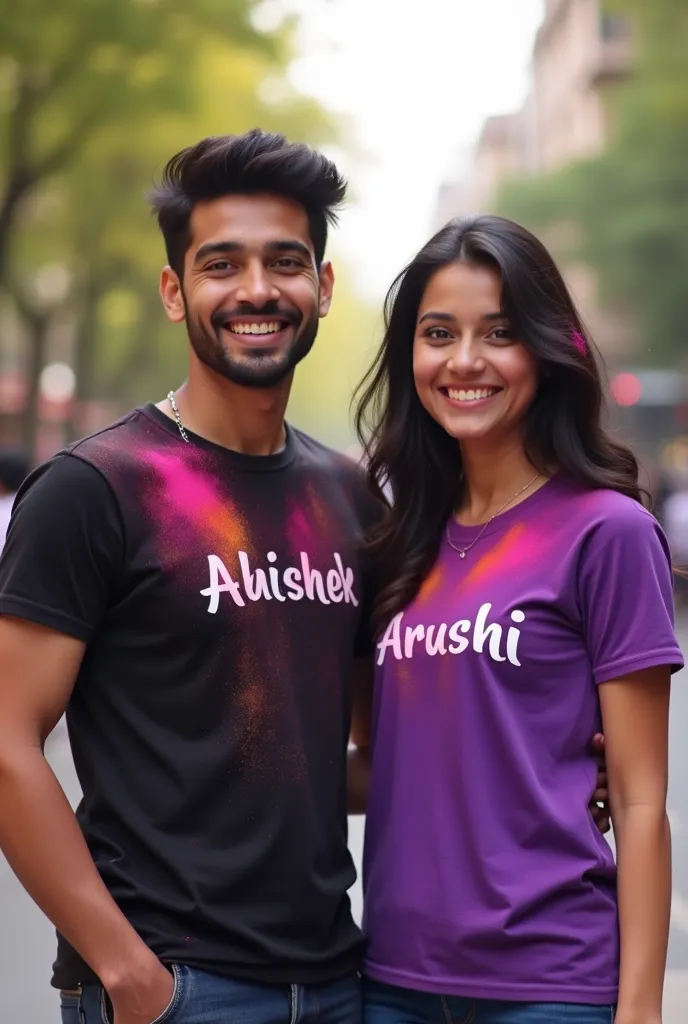 A 3d realistic 20 years old young cute Indian couple is enjoying holi in the city center. The boy is wearing a black color t-shirt with name "Abhishek" written on it. The girl is wearing a purple color t-shirt with name "Arushi" written on it. Both are smi...