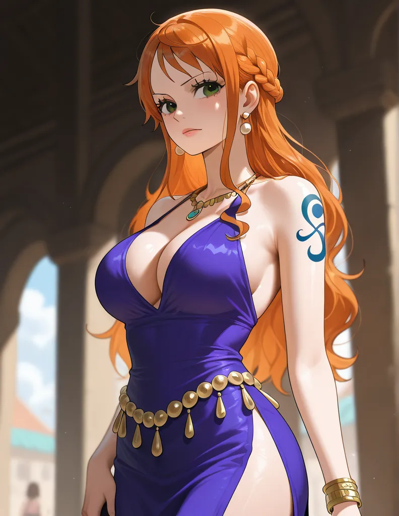 masterpiece, best quality, amazing quality, 1girl, Nami, one piece, green eyes, orange hair, long hair, half-braid, pearl hair ornaments, necklace, earrings, bare shoulders, collarbone, side slit, bracelet, cowboy shot, harem dancer dress, cleavage, dynami...