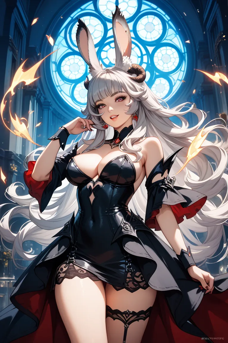 masterpiece,best quality,great quality,very aesthetic,very sexy,fascinating,High exposure,succubus,Satanic,ff14,Viera ,Bunny ears,anime style,Gray Hair,Black Mage,Wizard,long hair, black dress,Fantasy Appearance,sensual expression,A bewitching appearance