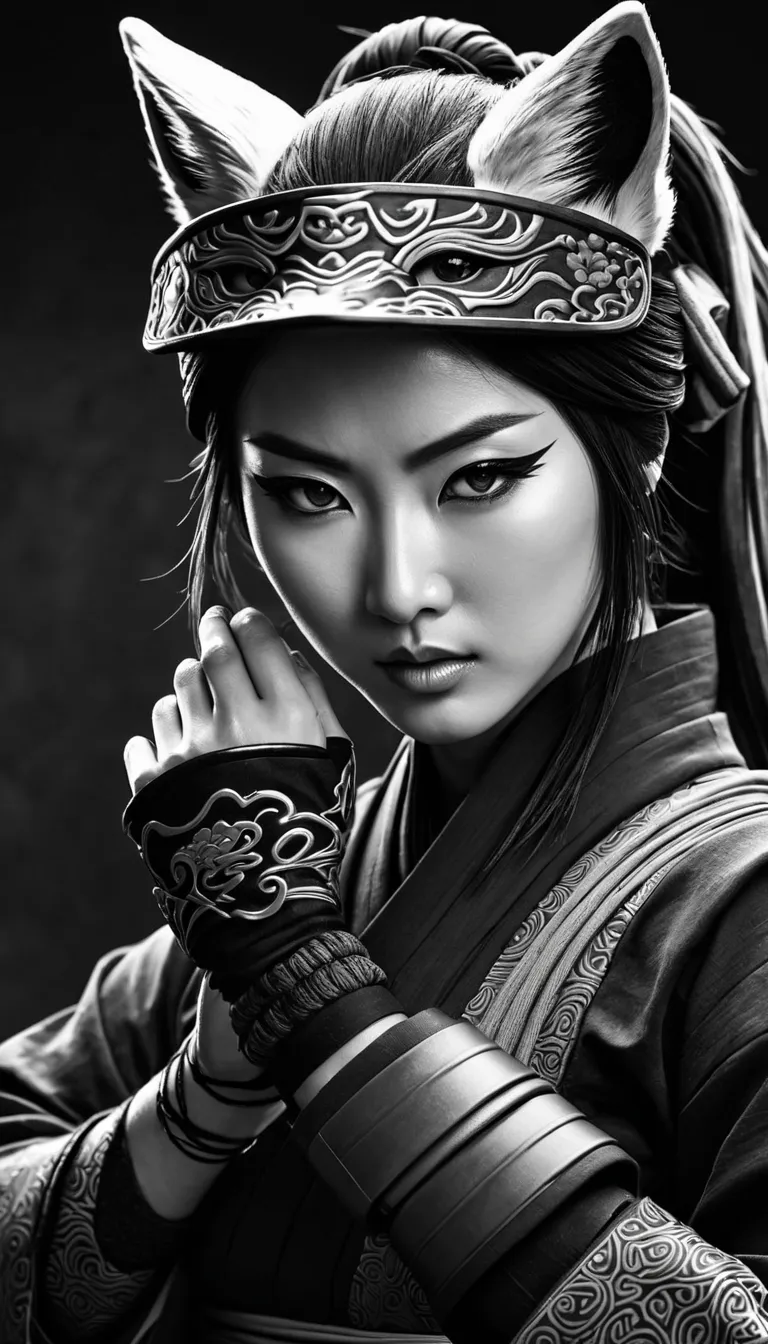 A hyper-detailed black and white illustration of a kunoichi (female ninja) holding a kitsune mask close to her face, covering half of it. Her eyes are sharp and mysterious, gazing intensely. The mask has intricate fox-like carvings, traditional Japanese pa...