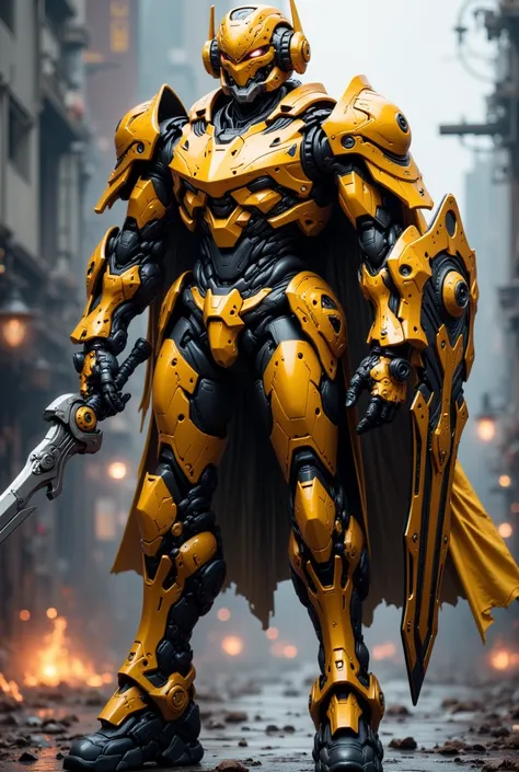 ((an imposing cyberpunk robot)), ((Your armor is golden, with black details,)), (( with rich details)), (( The armor has deep grooves, Apparent )), ((Due to his epic battle against other robots)) ((In one hand he has a sword, And in the other a perfect bla...