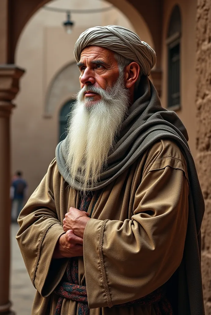 A wise Muslim man with a white beard, wearing traditional Moroccan clothing, showing prestige and dignity