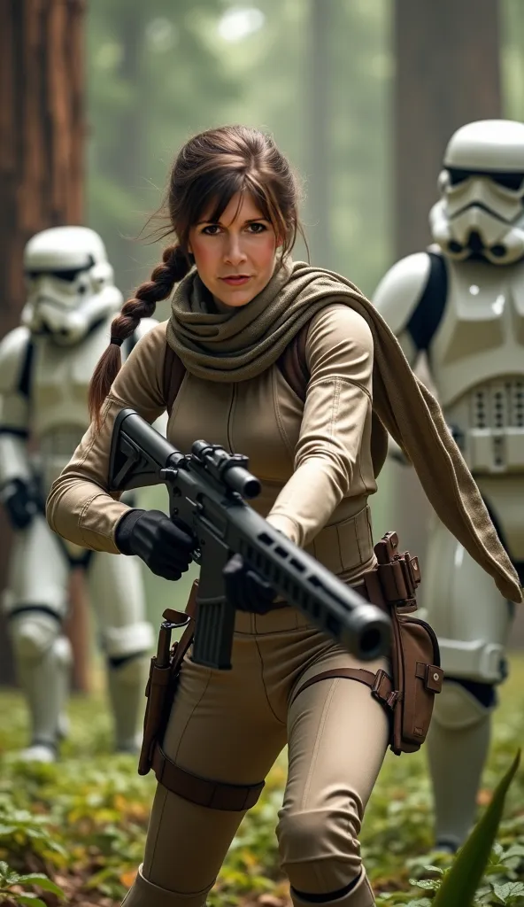 Ultra highly detailed photograph of princess leia,long hair with single plait.wearing a beige combat bodysuit, camouflaged scarf. Firing a starwars laser rifle. In a redwood forest filled with stormtroopers. Dynamic action poses.