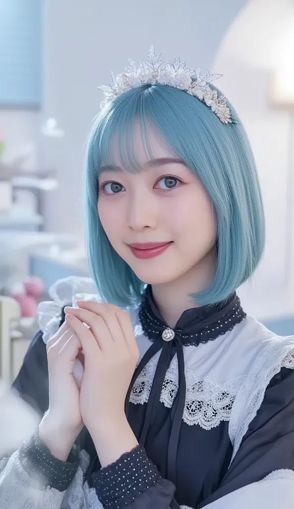 full body、short hair,  Pastel Blue Hair  、and is styled in a black headband featuring white flowers and ear-like accents.  she says 、wears black and white maid clothes that accentuate her playful and cute beauty , Decorated with lace and ribbons, in、has st...