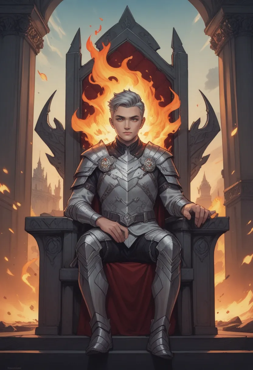 High detail, clarity, 8kk, Throne of Fire, young guy, 18 years old, light gray hair, short haircut, yellow eyes, with blue sky behind, fiery steps to the sky to the throne in front, realism, fantasy,