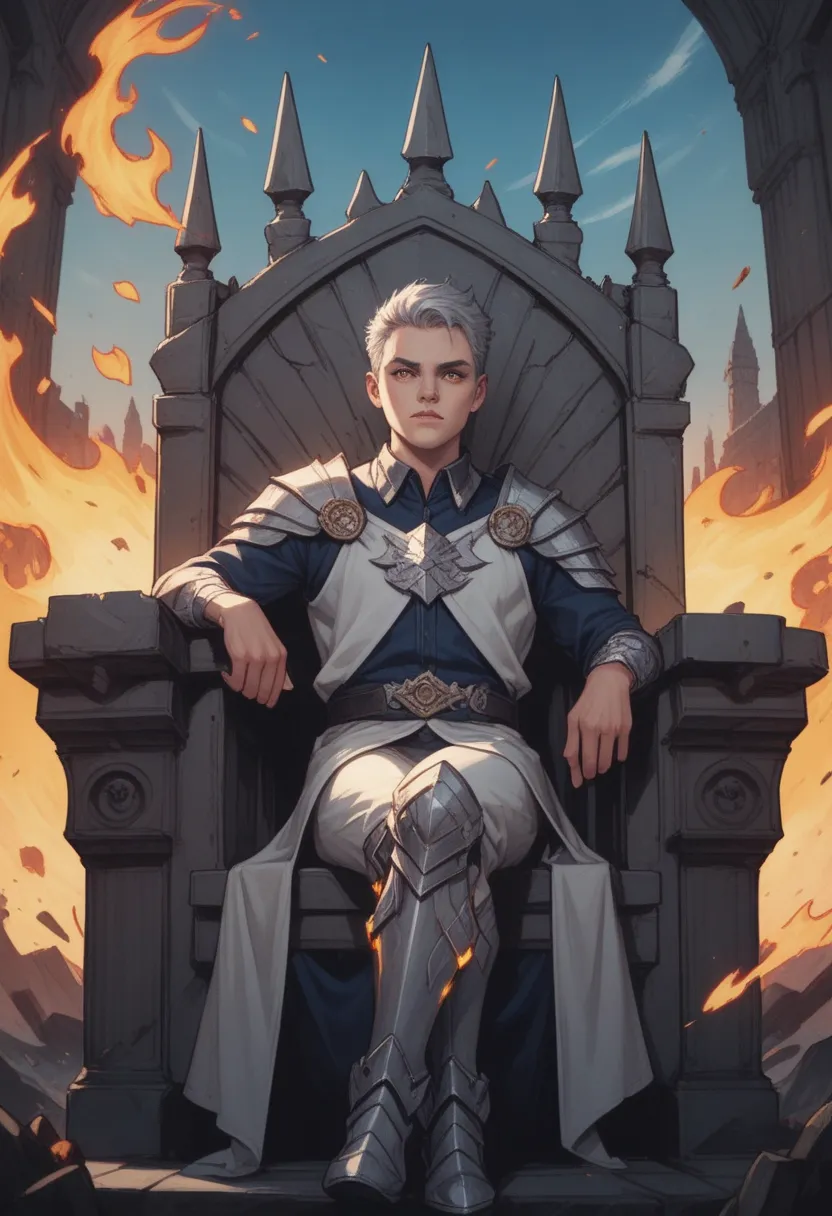 High detail, clarity, 8kk, Throne of Fire, young guy, 18 years old, light gray hair, short haircut, yellow eyes, with blue sky behind, fiery steps to the sky to the throne in front, realism, fantasy,