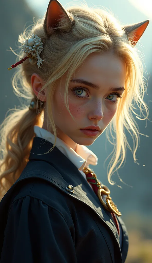 Draco Malfoy High resolution, blond hair, jewelry, violet eyes, ponytail, American plane, cat ears,  hair flower, Dutch plane, Campaign, Multiple views, depth of field, desde arriba, wolf ears, lines of motion,  Lens flare, masterpiece,  Abstractionism, Ac...