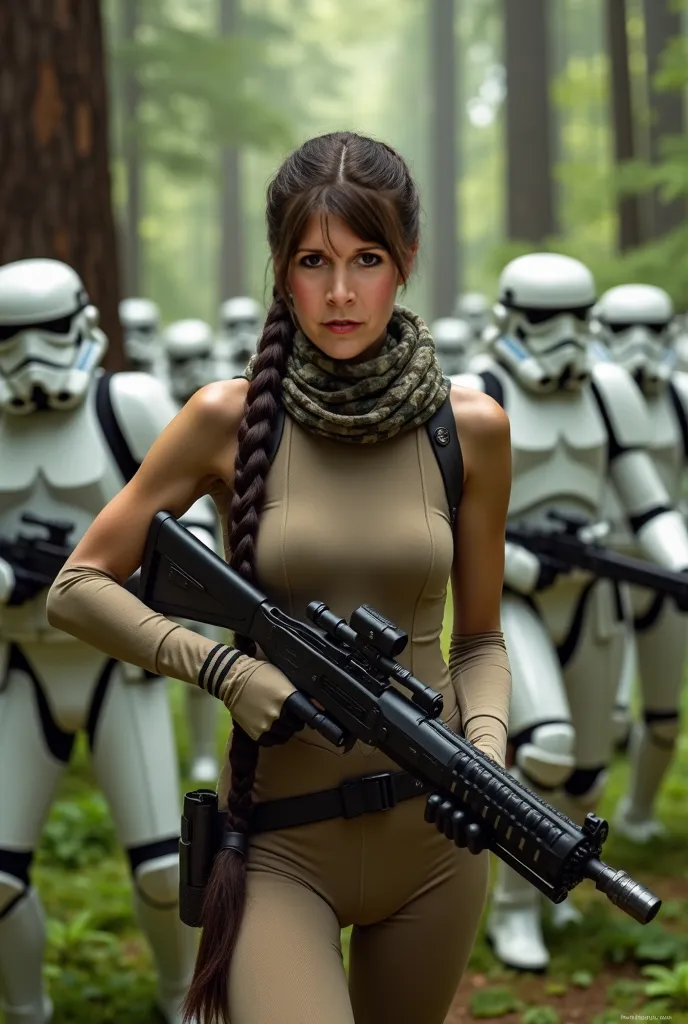 Ultra highly detailed photograph of princess leia, serious expression. long hair with single plait.wearing a beige combat bodysuit, camouflaged scarf. Firing a starwars futuristic laser rifle. In a redwood forest filled with stormtroopers. Dynamic action p...