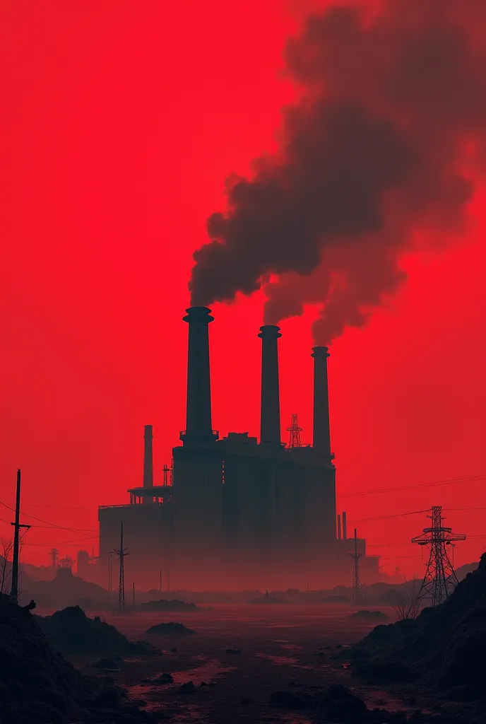 A nuclear factory seen from afar, chimneys giving off black smoke ,  An apocalyptic red sky , 