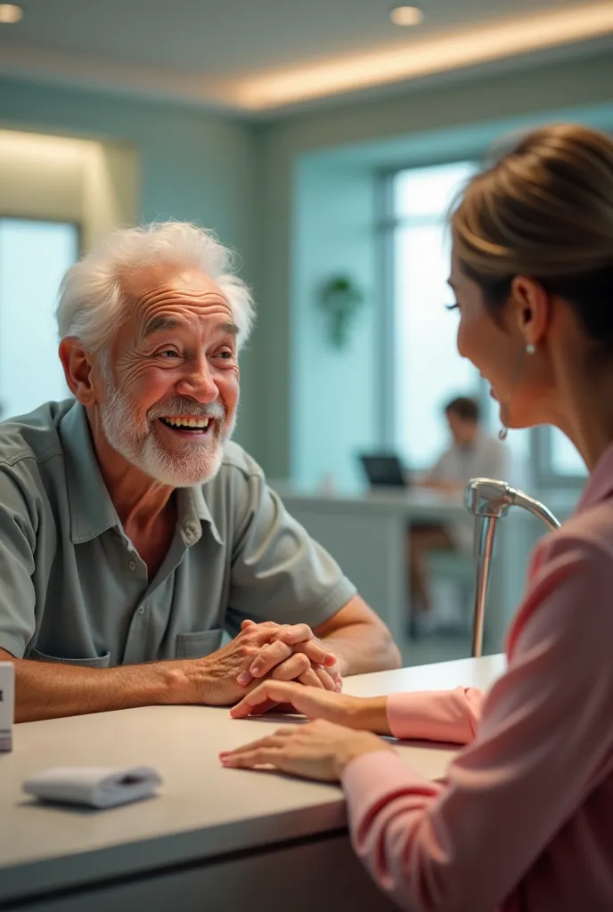 an elderly patient being treated at a hospital reception by a receptionist. both are very happy and laughing a lot.