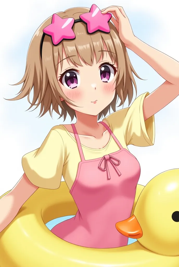 Anime type cartoon style girl.  light brown hair,  short and slightly wavy , with some locks that fall gently on her face. Her face has a calm expression with a slight smile. She wears sunglasses in the shape of pink stars, positioned over her head. She we...