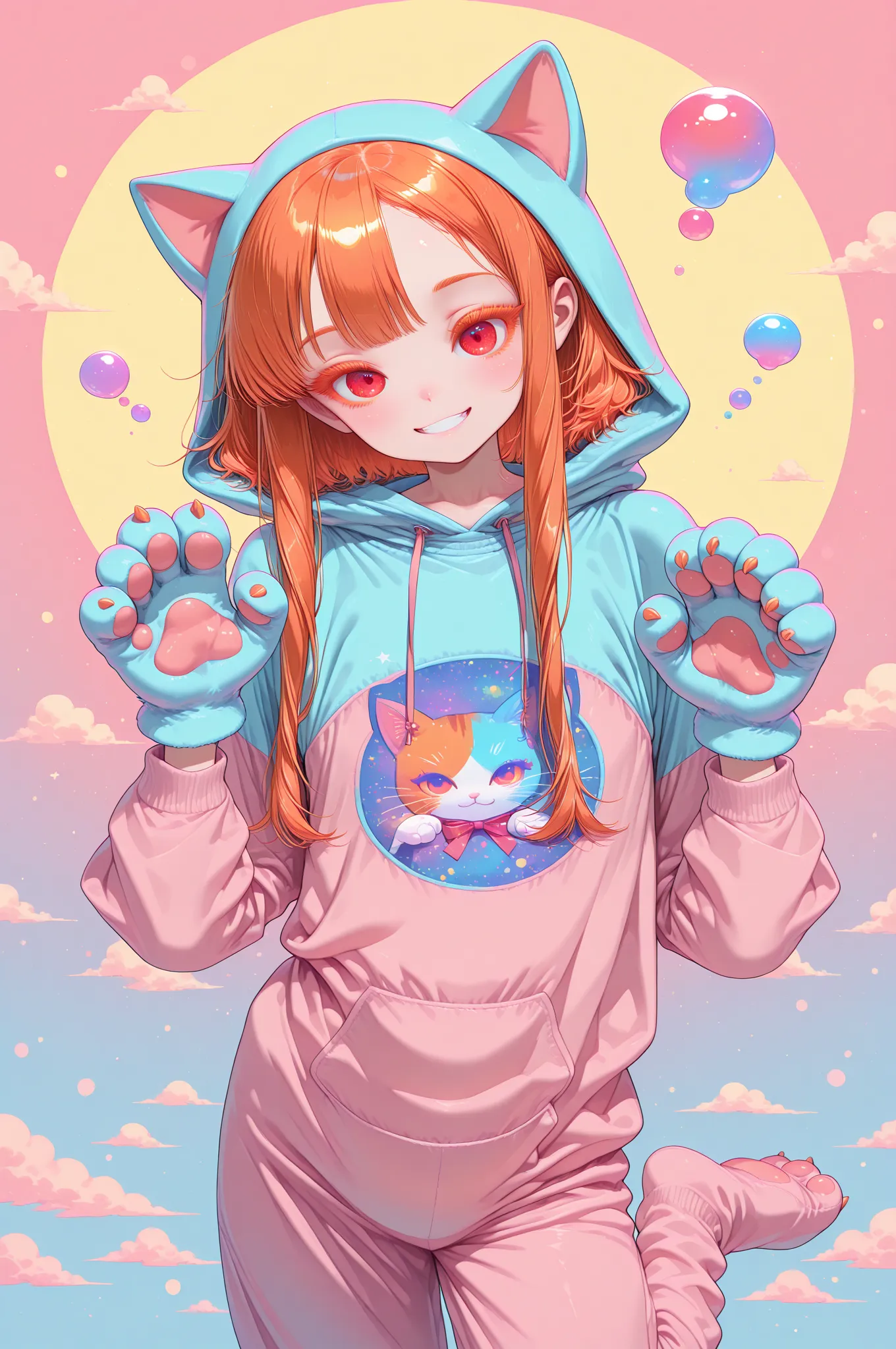 1girl, Kuroki Nolita, orange eyelashes, red eyes, asymmetrical hairline, very long sidelocks, orange hair, flat chest, very kawaii, extremely cute, intricate patterns, cat costume, paws hands, gloves paws, solo, smiling, mischievious, paw pose, pastel, col...