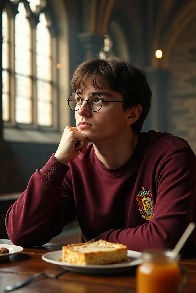 Masterpiece, [side angle], [adult harry potter], wearing [Gryffindor sweatshirt]. Eating breakfast in great hall, spacing out, 16K, ultra high resolution, photorealistic, UHD, RAW, DSLR, good sunlight