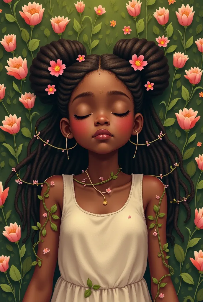 Create a image of a girl in a field of flowers laying down. She has long hair that is in space buns. Her eyes are closed. She has dark skin. She has vines wrapped around her legs that have flowers on them and flower petals in her hair. She has a calm expre...