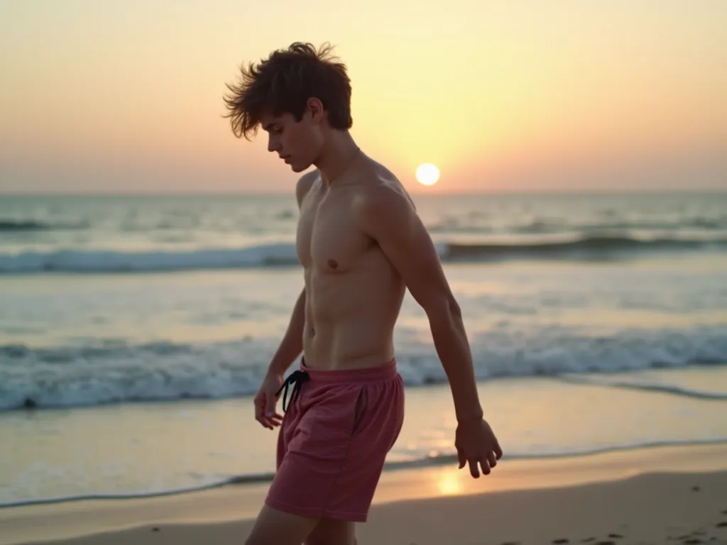 I want you to generate a video of a young man or boy walking on the beach something sad The young man wears shorts with wavy hair and has a melancholic expression
The beach is at dusk
And that he is dancing walking to the beach but that he is an adult 