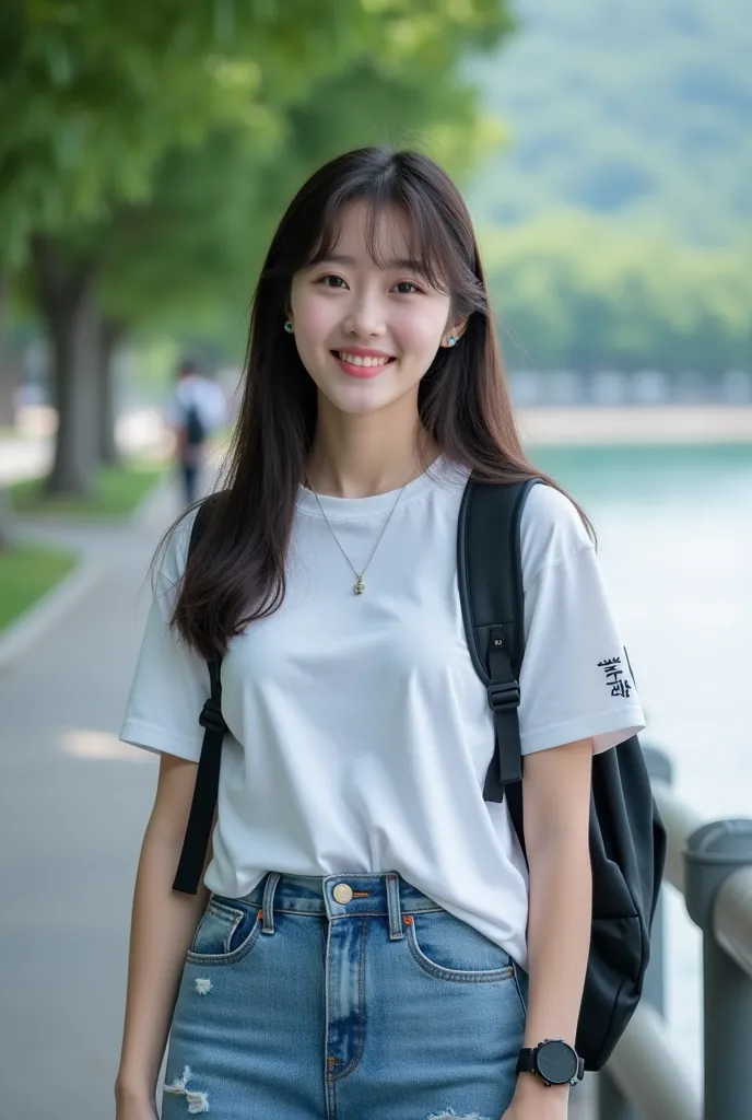 A beautiful young woman of Korean race chuby cheeks chubby body white clean long straight hair black short tied up white T-shirt dress patterned matching writing with jeans pen patterned torn wear sneakers wear black backpack ,Wearable watch posing on a br...