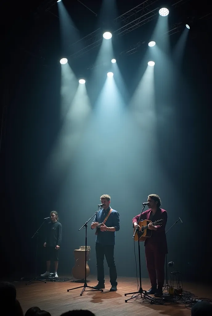 Scenography of large stages for a singer-songwriter . Format of 4 musicians. theme: "the paths we chose". I need vintage spotlights, robotic lighting and some elements that suggest the message of the theme.