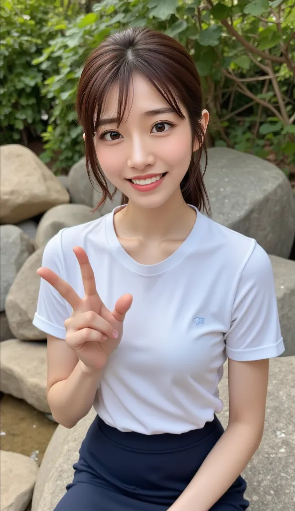 garden、 low angle、viewed from above、white shirt、 I can see a little bit of my chest、  navy tight skirt  、Peace Sign、   black hair、High quality Japanese woman、 Marunouchi OL 、First-year working student、 laughs、LOL、happy expression、  full body image、4K Digit...