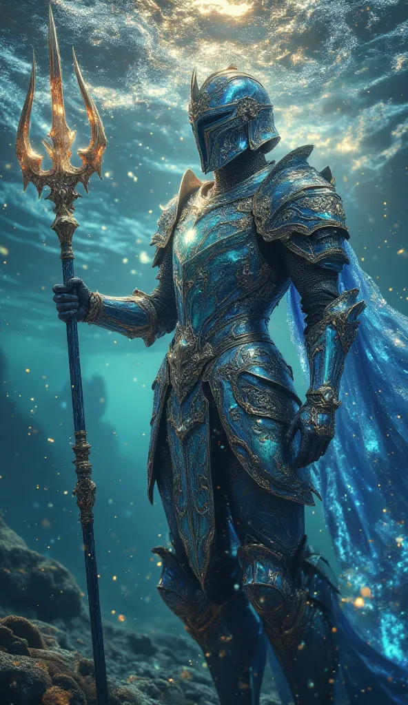 A breathtaking knight stands in resplendent armor, forged from the heart of the ocean itself. Their suit shimmers like liquid sapphire, reflecting hues of cerulean, turquoise, and deep indigo, as though waves dance across its surface. The metal, infused wi...