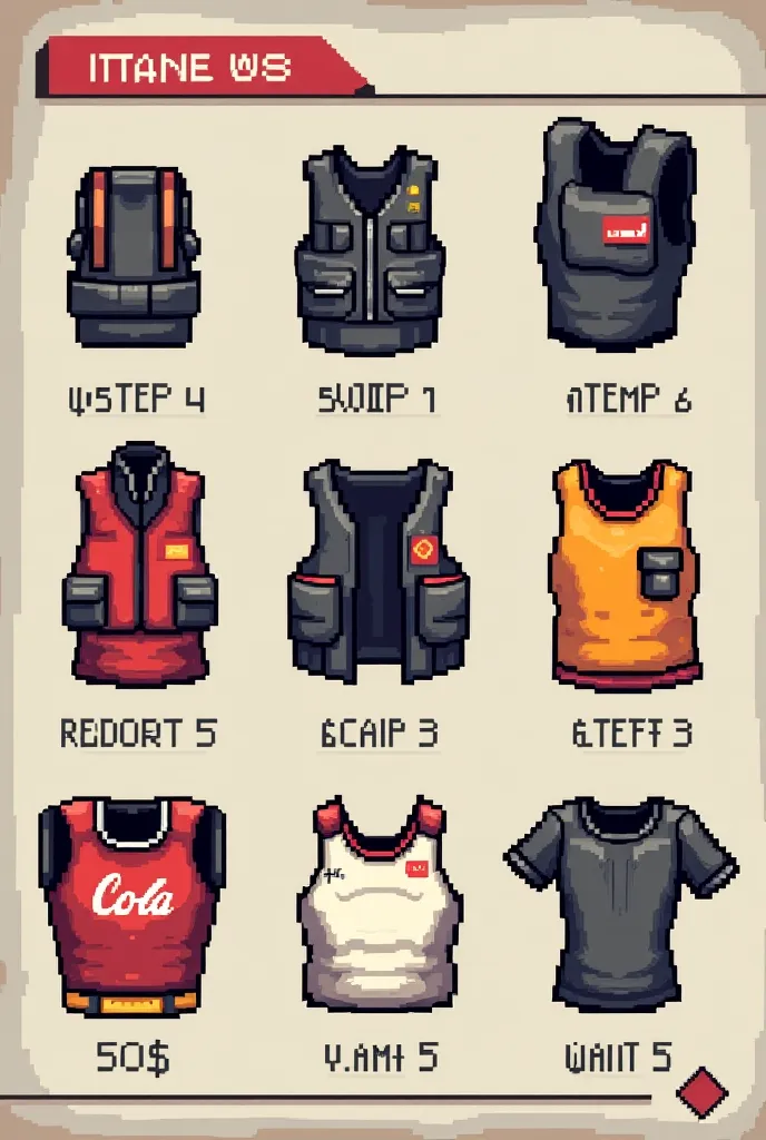 Make a book now showing the items you need to evolve a weapon that will be

3 sniffer dog vests 50$ 5 The henchman's torn tank top 1 Hot Cola

Put all of this in a pixel ART style book with a black outline

