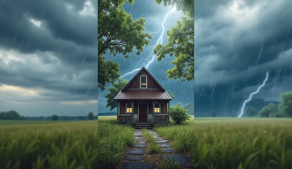 meadow, house, there is a thunderstorm, lightning, rain