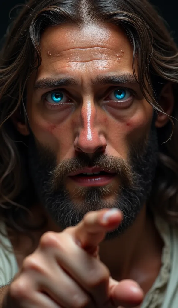 The image presents an extremely detailed and realistic close-up of a man who resembles traditional representations of Jesus Christ. He has fair skin with a slight bronze tone, and his face displays a deeply emotional expression, conveying sadness, pain, an...