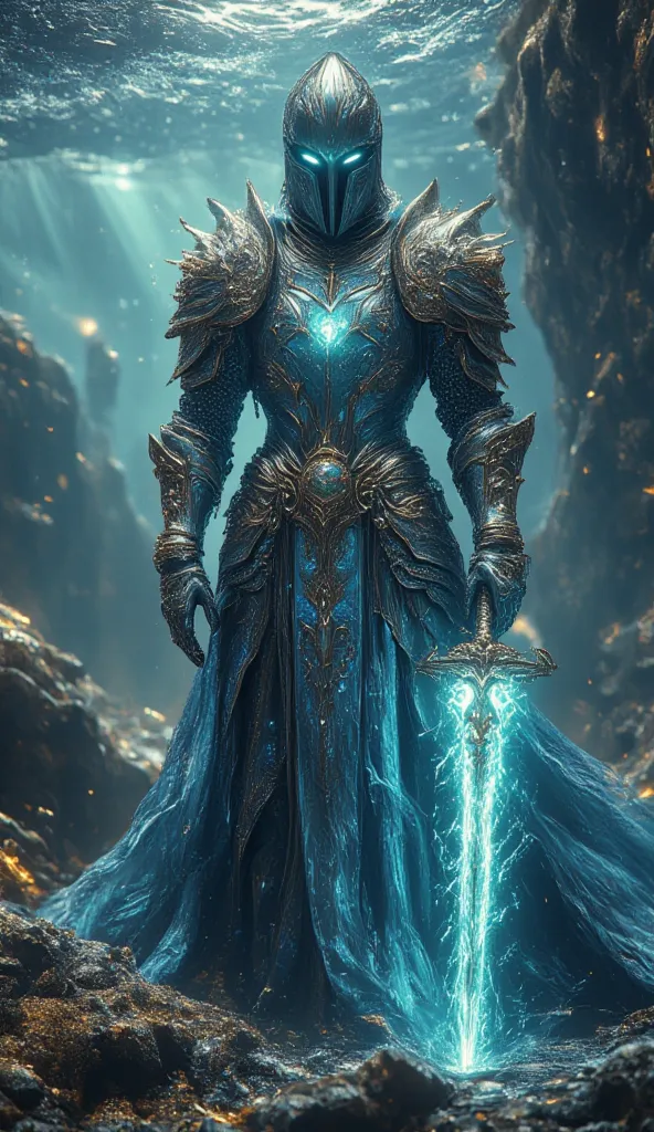 A breathtaking knight stands in resplendent armor, forged from the heart of the ocean itself. Their suit shimmers like liquid sapphire, reflecting hues of cerulean, turquoise, and deep indigo, as though waves dance across its surface. The metal, infused wi...