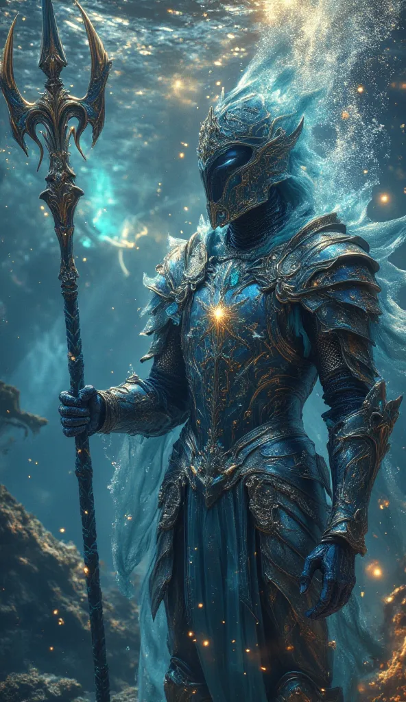 A breathtaking knight stands in resplendent armor, forged from the heart of the ocean itself. Their suit shimmers like liquid sapphire, reflecting hues of cerulean, turquoise, and deep indigo, as though waves dance across its surface. The metal, infused wi...