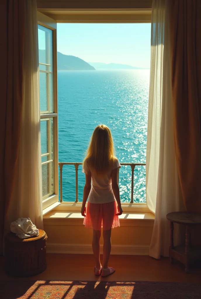 
aerial view
in a room the window overlooks the sea
a young blonde girl with long hair
standing looking out the window