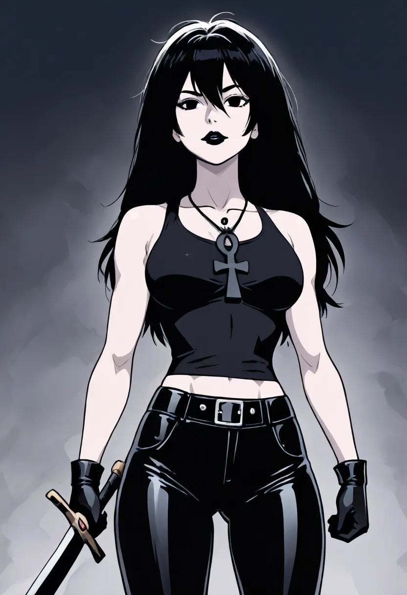 Very white goth woman with medium short and messy black hair, wearing black tank top and black synthetic leather pants, wearing ankh necklace black eyes black lipstick, with a sword pierced in the abdomen