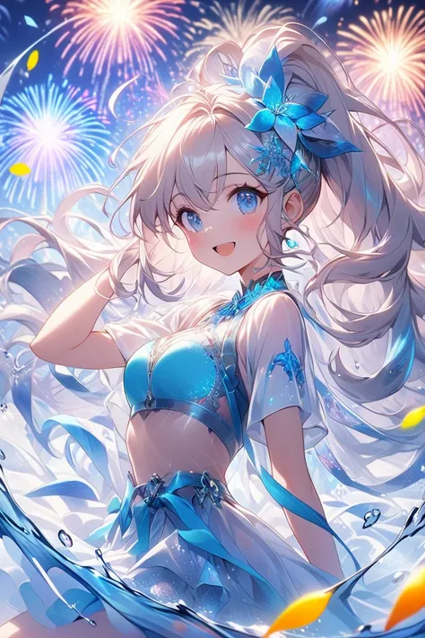  Creates an illustration of a beautiful girl in a vibrant, futuristic floating stadium。 She's participating in a dynamic dolphin show 、 showing off her acrobatic skills with the dolphins 。The scene is at night、 colorful fireworks are being blazingly launch...