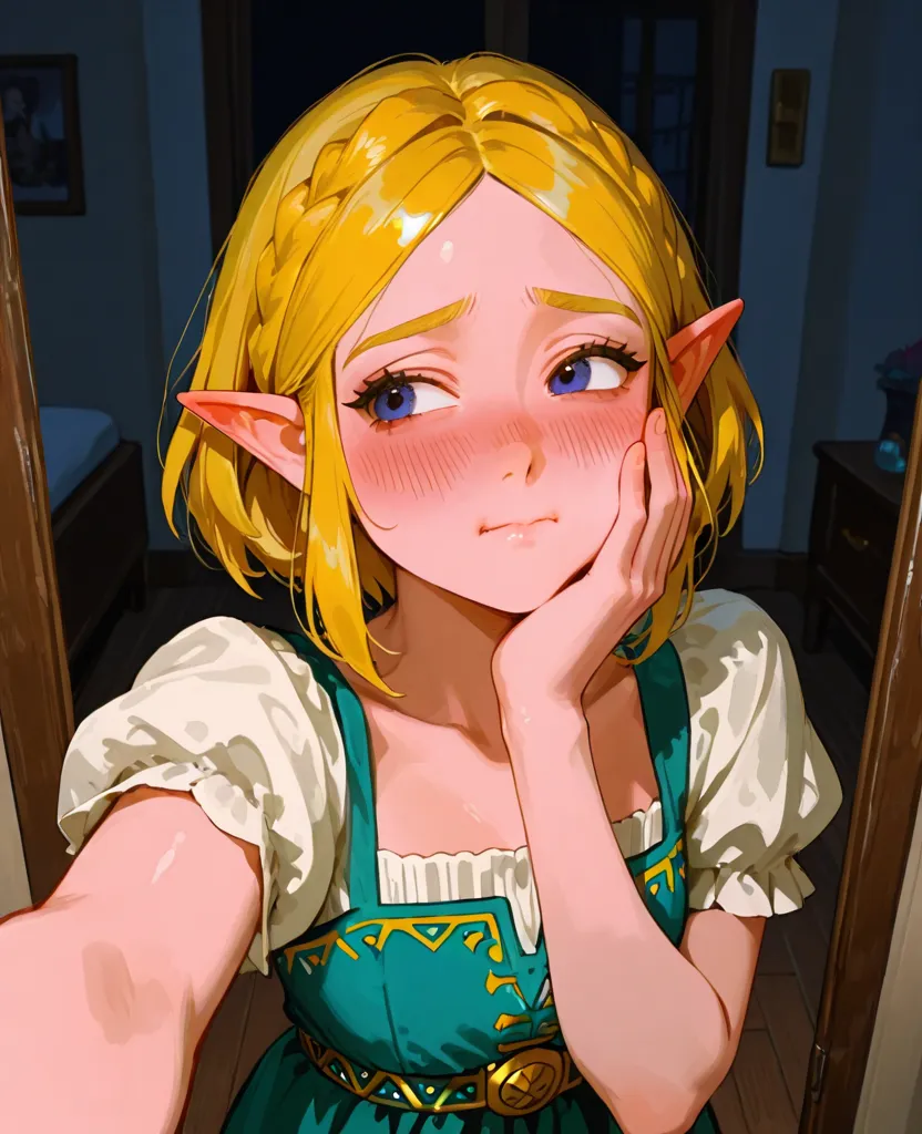 zelda ,  yellow hair, short hair, dress, at night in a room, selfie , , blushing, saddened, avoid eye contact , Inflate your cheeks 