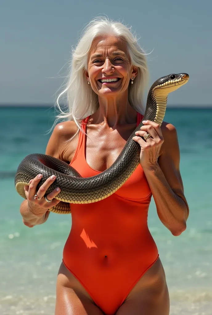 An elderly woman in a swimsuit, athletic build, is full length, Smiles, hair is long, holds a big cobra in his hands