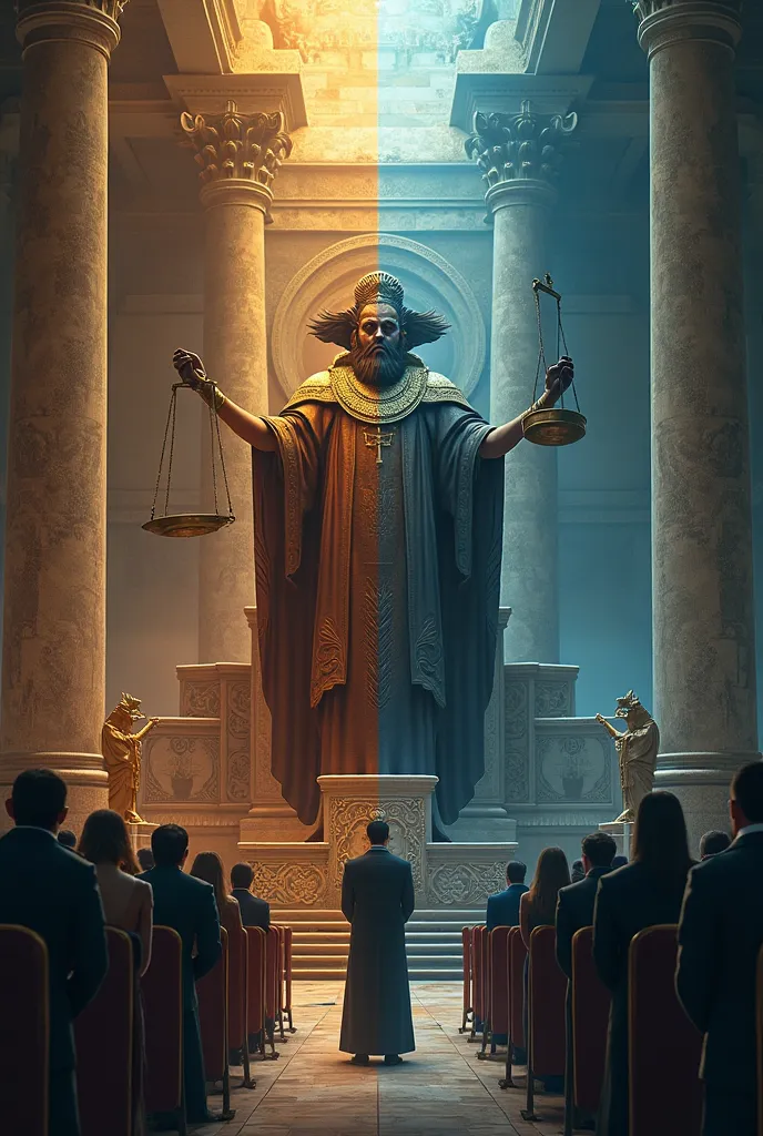 Draw a picture that compares ancient civilizations with today's justice system, and in doing so, divide the picture in half, let one side be present and the other the past