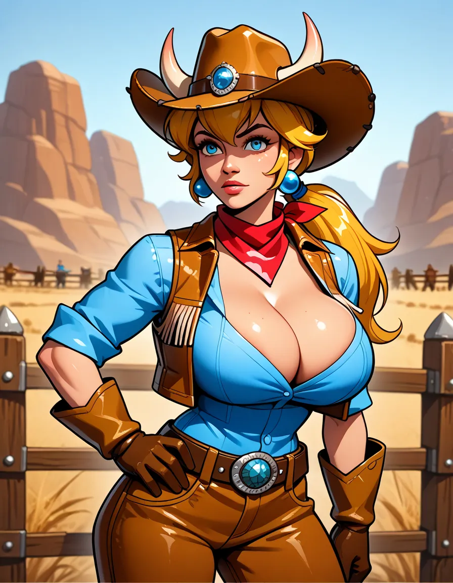 IncrsPchWestern, long hair, ponytail, cowboy hat, cowboy western, pants, belt, blue shirt, vest, brown gloves, horns, bandana, jewelry, earrings, Hot cleavage, big breasts