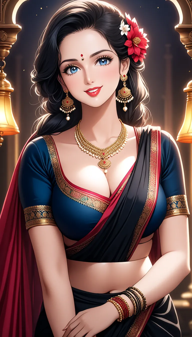 A beautiful mature  woman in designeless silk black saree, intricate long big bell jhumka earrings, detailed alluring eyes, smooth lips, smiling, red lipstick, bangles, saggy breasts, photorealistic, 8k, high quality, masterpiece, cinematic lighting, vibra...