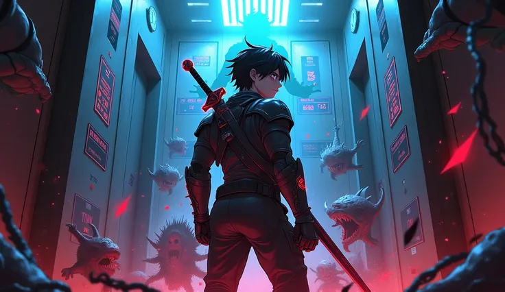 Anime illustration in bright, rich colors. The atmosphere is tense, but dynamic, with cold blue and scarlet lighting. A young guy with black disheveled hair, in a fighting stance, standing in the elevator, that is engulfed in chaos. He wears a dark tactica...