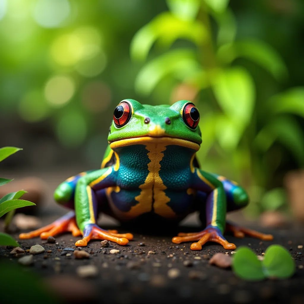 A vibrant, colorful, cinematic close-up of a frog amidst lush, tropical foliage. The frog's skin should be a kaleidoscope of bright colors, illuminated by soft, natural light. The background should feature blurred, vibrant greenery, creating a sense of dep...