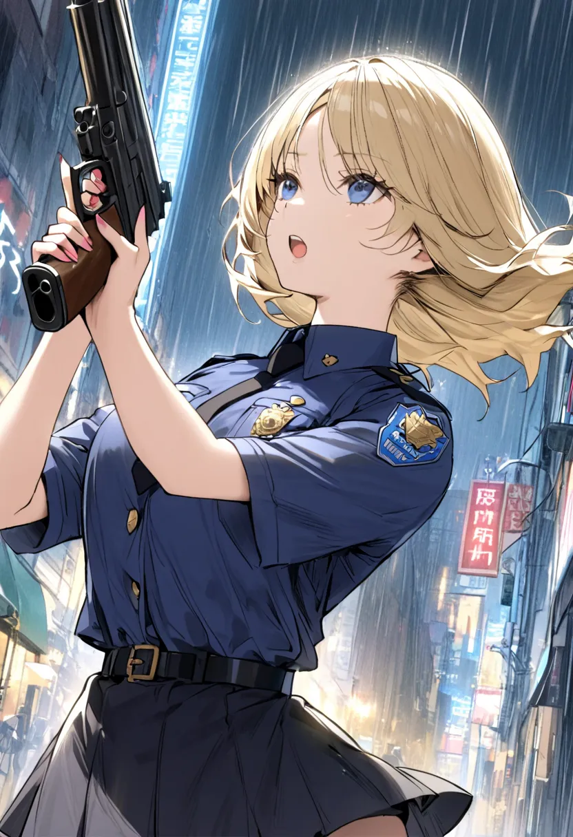 1 female、American Beauty Form、super nice、beauty faces、BLUE EYES、standing、NYPD uniform、mini skirt、  golden hair 、 night street、lighting、the wind is blowing、This&#39;it&#39;s raining、He looks closely at the gun barrel.、hip up shot、point to a gun 