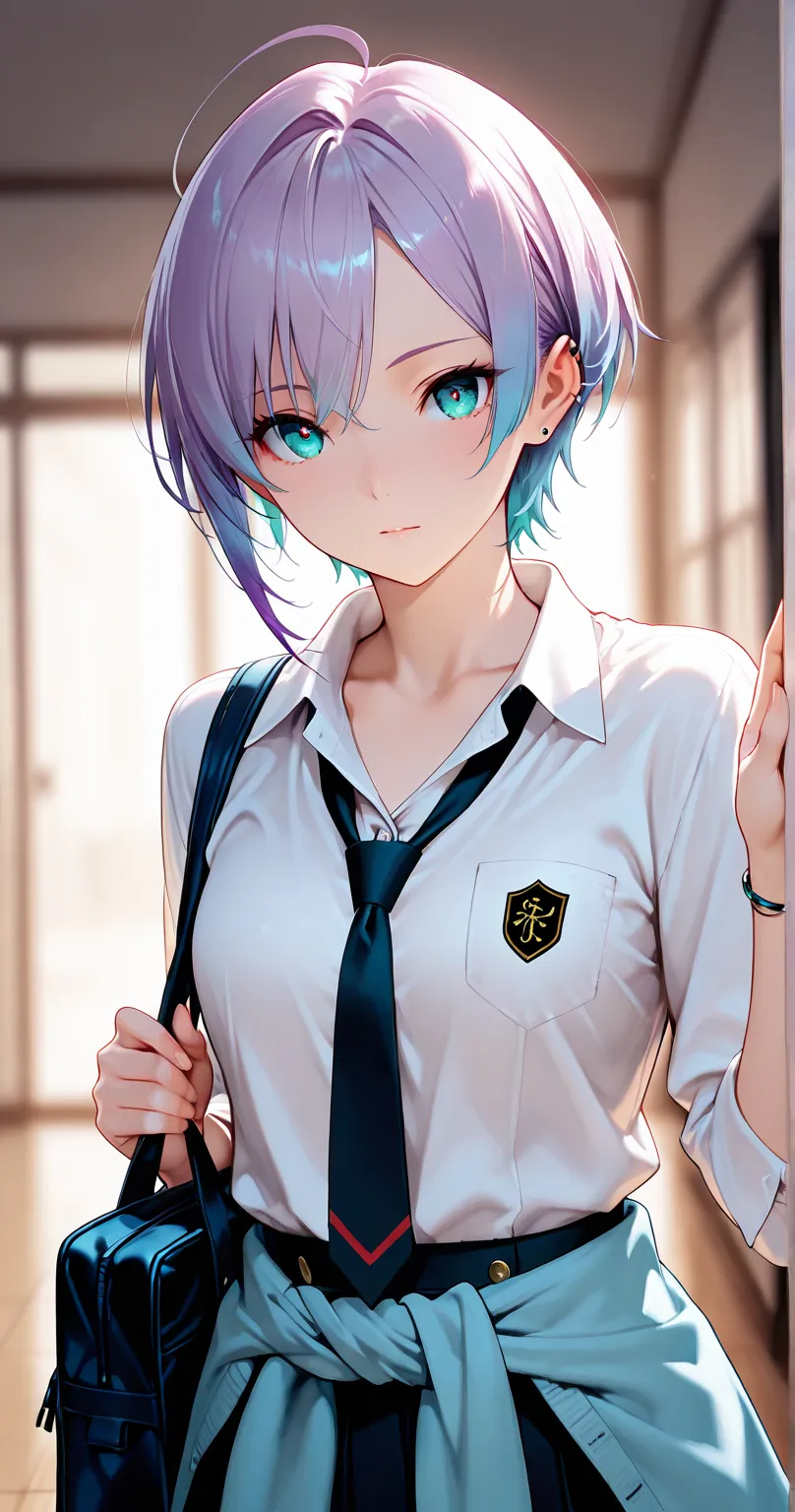 insanely detailed,
sharp focus on eyes and facial details, stunning clarity, sharp focus(1.5),
Well-defined facial features,
She is beautiful.
She is standing.
holding,
t_asakura, ahoge, gradient hair, medium purple hair, multicolored hair, parted bangs(1....