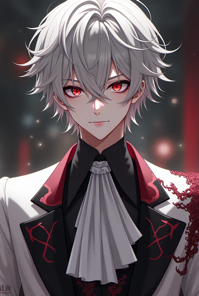  Anime boy, of formal and elegant white attire with details and dark reds, white hair with black spots, black eyes of a red X-shaped pupil..