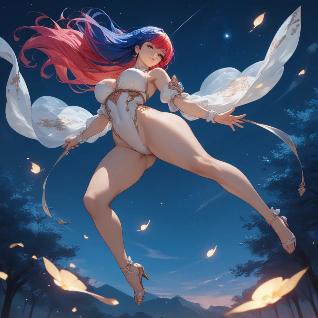  anime woman night,(((random color hair))), long hair, full body, in perspective(((body with beautiful curves, in the air))) 