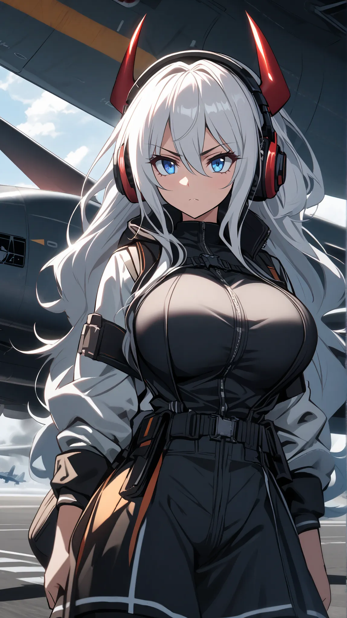  a girl, high resolución, cabello largo, white hair, big breasts, blue eyes, Serious, American plane, Caustic,  animated, red horns, high, headphones, 