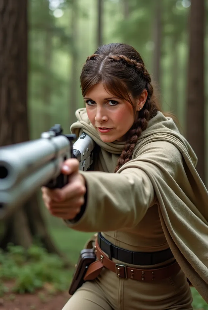 Ultra highly detailed photograph of princess leia,long hair with single plait.wearing a beige combat bodysuit, camouflaged shawl Holding a futuristic white starwars laser rifle. In a redwood forest. Dynamic action poses.