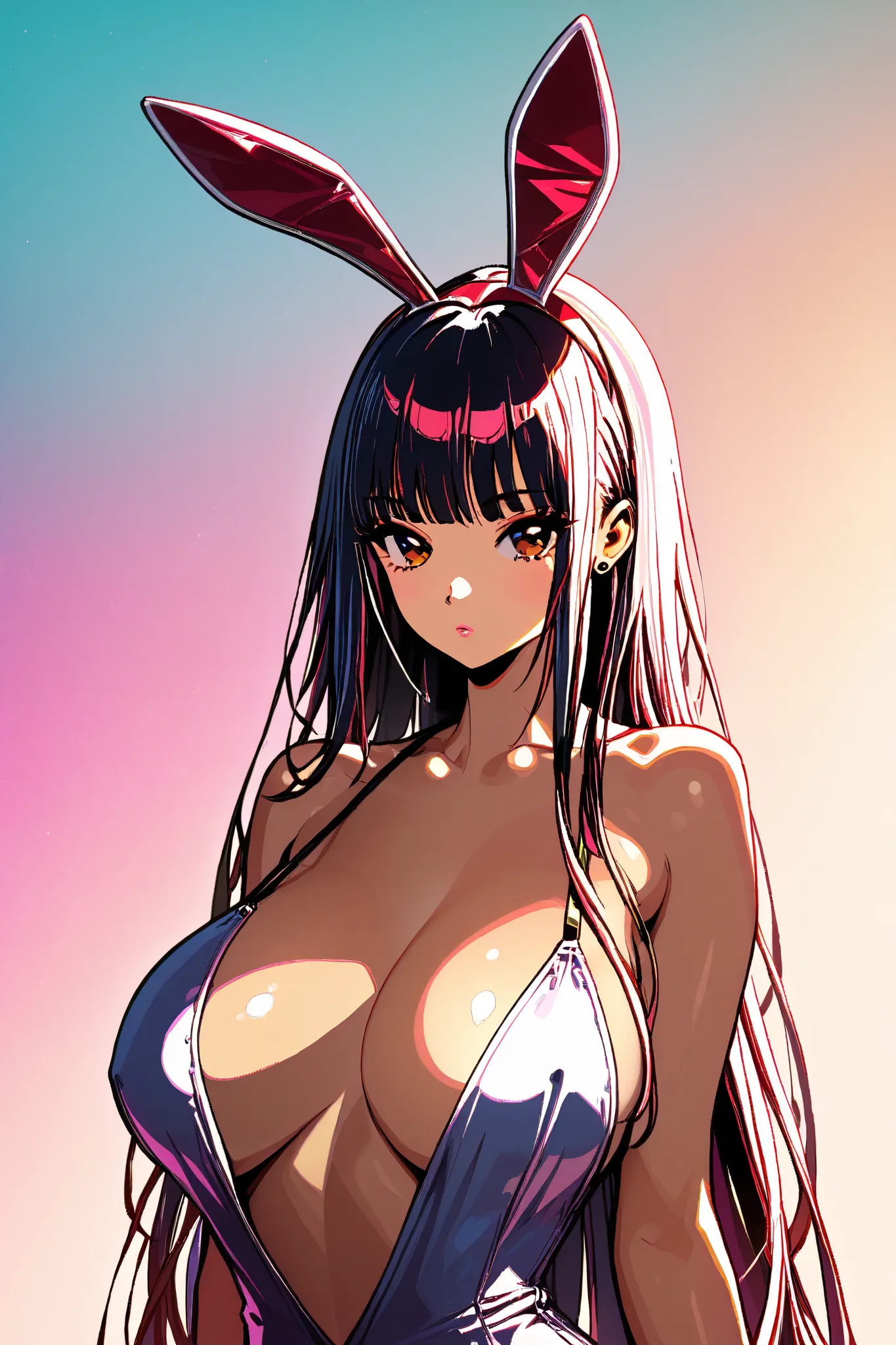 style retro classic, master piece:1.5、(minimal art, line drawing), 80’s glam rock style, asian bunny girl, bunny ears, anime, moody lighting, pretty, sexy, minimal, sleek, slender, asian, elegant, futuristic, retro, Kizi，(eyes looking off to side), Highly ...