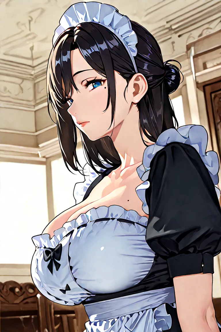 a woman, mature woman, milf, breasts, from below, mole, mole_under_eye, mole_on_breast, solo, maid_headdress, cleavage, maid, black_hair, large_breasts, short_sleeves, looking_at_viewer, hair_bun, upper_body, collarbone, closed_mouth, puffy_sleeves, puffy_...