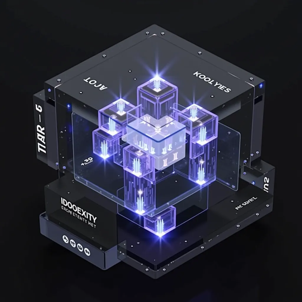 Sophisticated and high-tech digital artwork featuring a complex assembly of translucent and opaque 3D cubes, meticulously organized into an intricate core structure. The central cube emits a radiant blue light, surrounded by layers of clear and frosted gla...