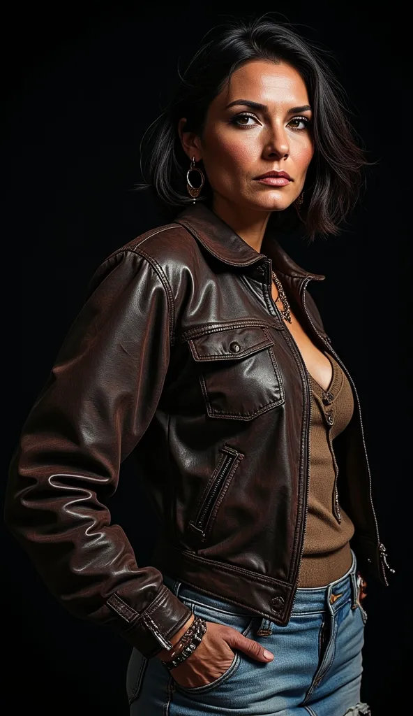 native american slut, cheyenne prostitute, aged 50 years old, intensive sexual tension, leather jacket, denim skirt, bob-cut, studio light, black background