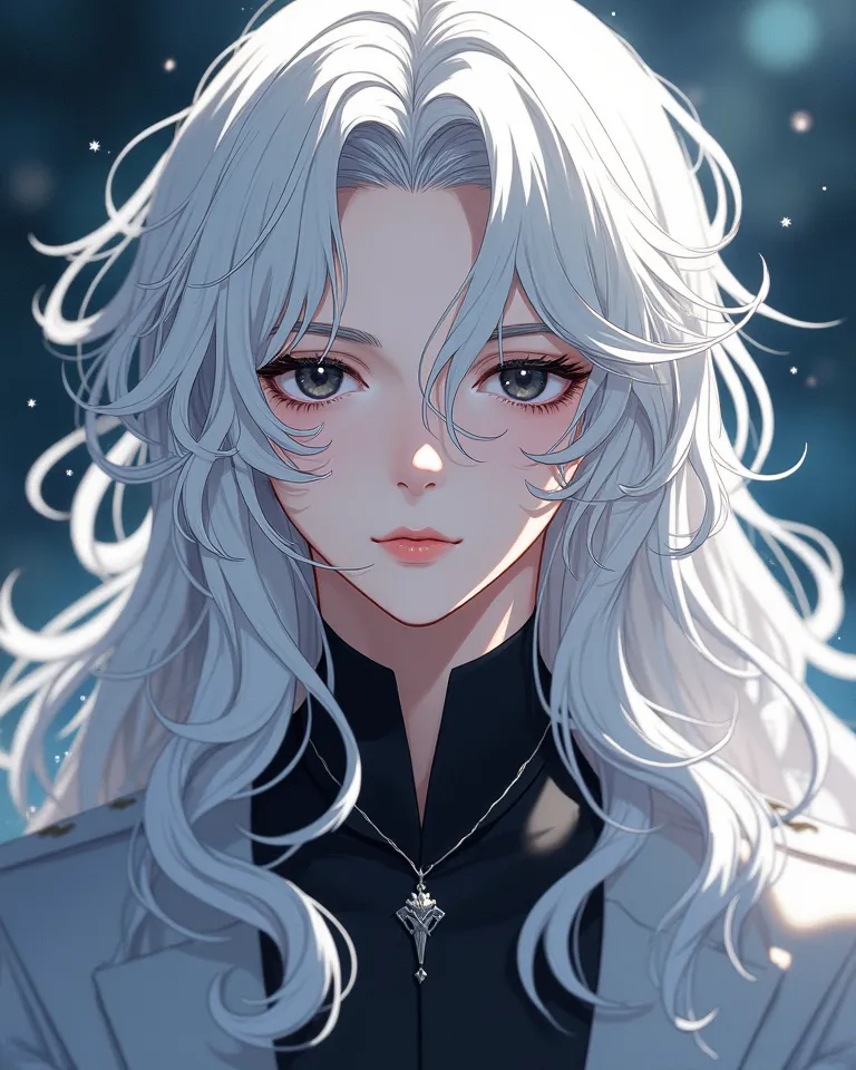 Manhwa boy with WHITE AND LOOONG WAVY HAIR and super black eyes wearing idol clothes, beautiful androgynous prince, delicate androgynous prince, looks be like lee chowon from love is an illusion