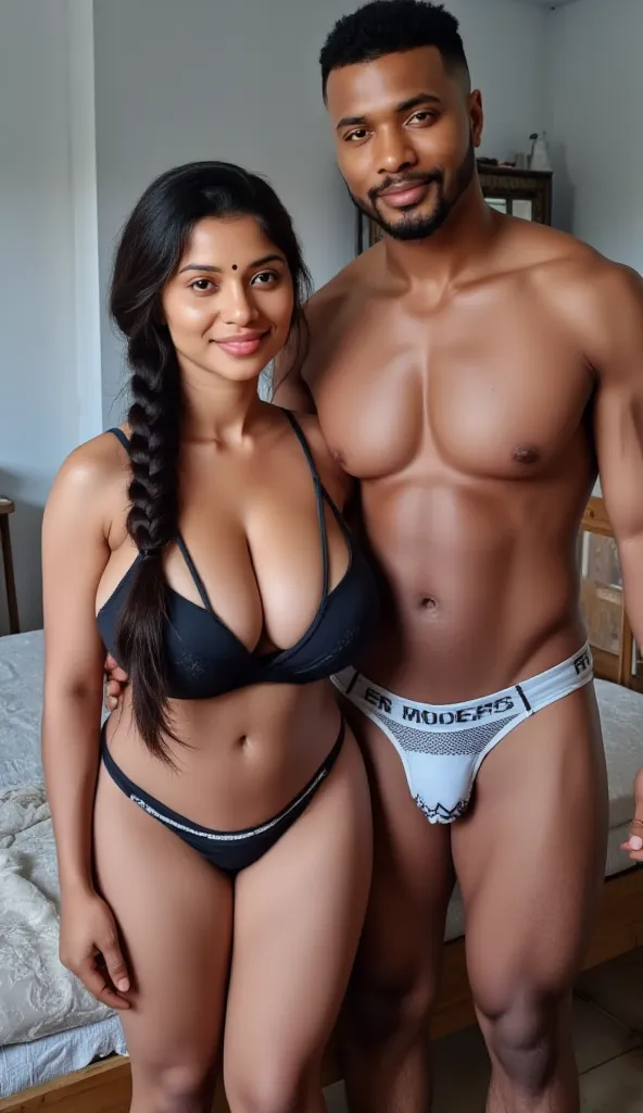 Hot woman with rugged africian man, Indian woman with long single plaited tied black hair, woman with thick curvy mom body physique, woman has a very big breast, big hip, thick thighs, big ass, woman with african man with short side skin fade black haircut...